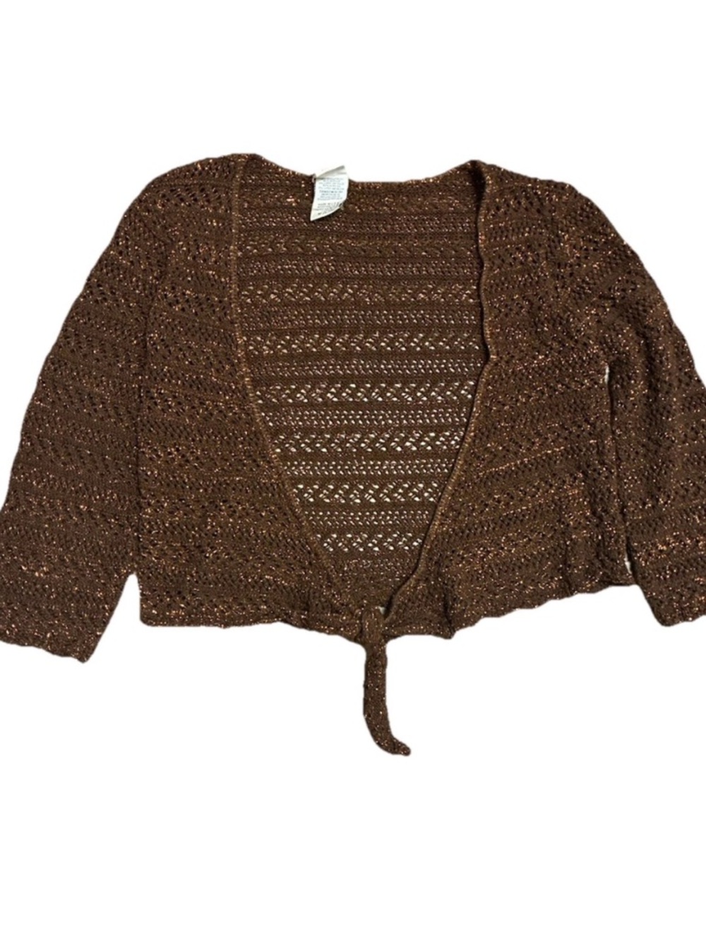 Vintage Faded Glory Cardigan Womens M Brown Crochet Knit Metallic made in USA